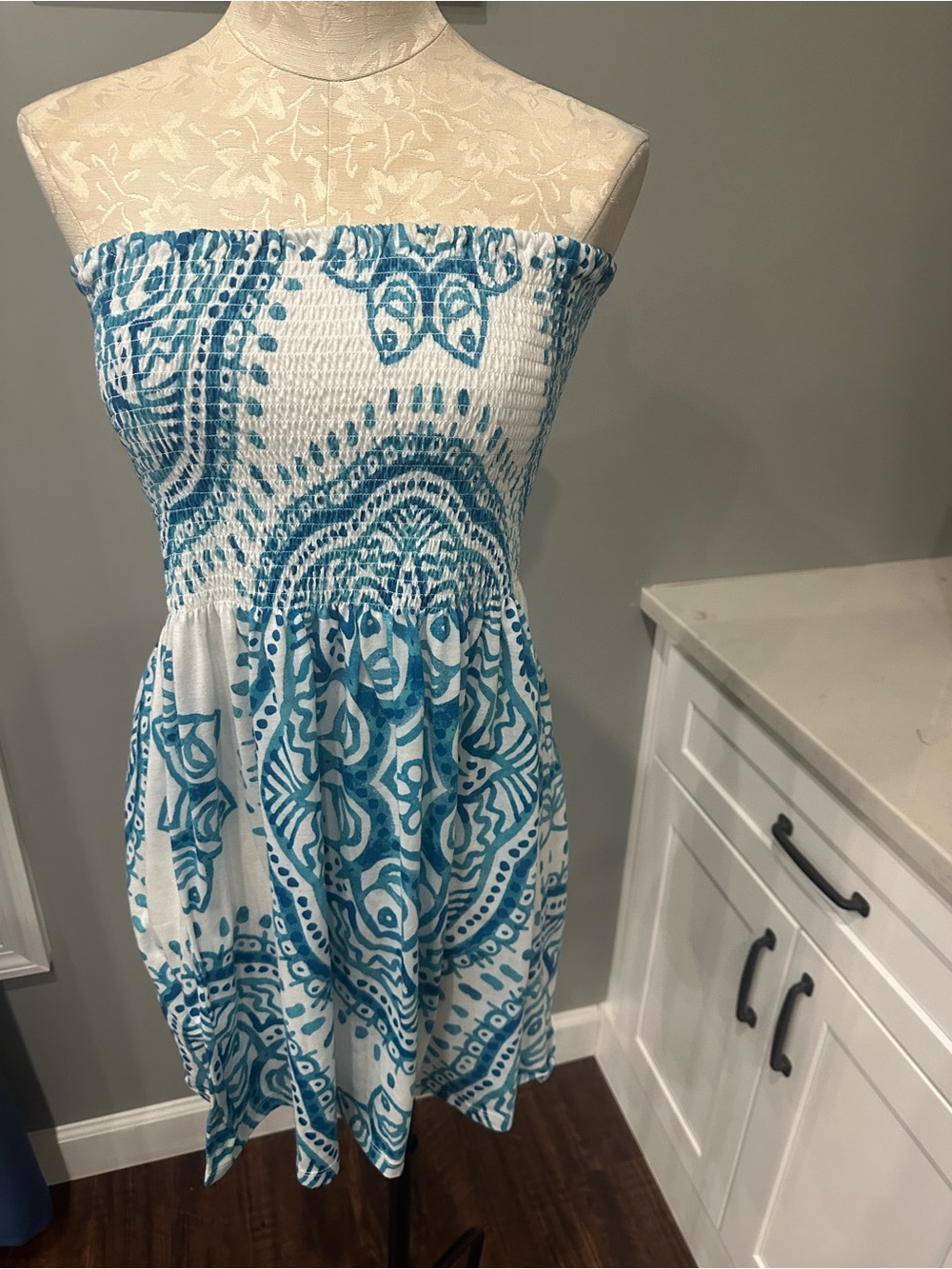 Strapless Smocked Sundress in Teal and White